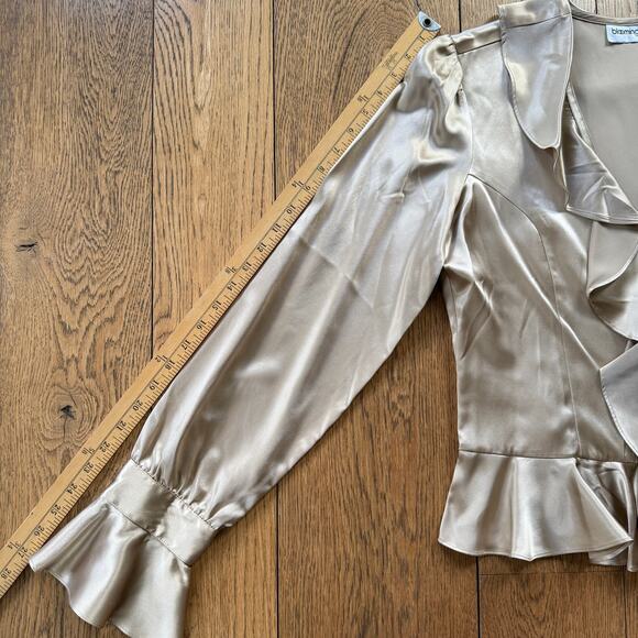 Vintage Satin Ruffle Peplum Blouse SZ L Poet Sleeve Tan V Neck Button Up Romanti - Picture 8 of 8